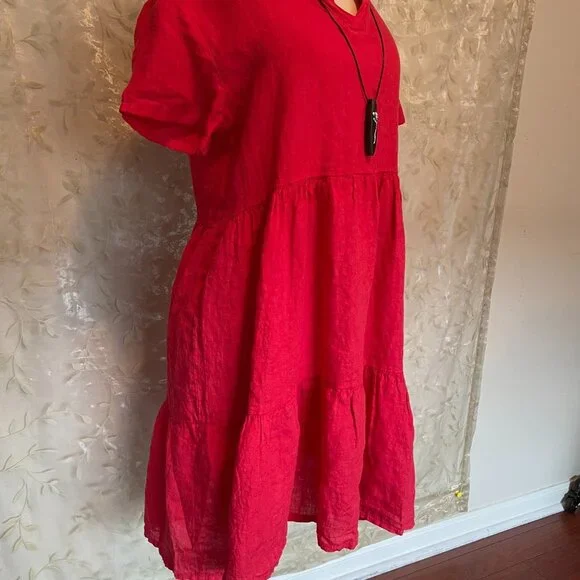 Francesca Bettini Women's 100% Linen Midi Dress Size M Red Tiered Design  (NEW)